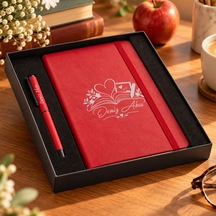 Bk Gift Kişiye Özel İsimli Öğretmenler Günü Tasarımlı Kutulu Kırmızı Defter Kalem Hediye Seti-3
