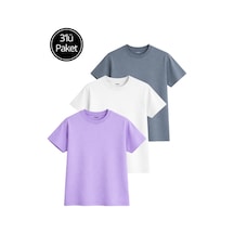 Kadın 3'lü Paket Antrasit-beyaz-lila %100 Pamuk Oversize Basic Tişört Bisiklet Yaka Relaxed T-shirt Hardal-saks Mavi-turkuaz