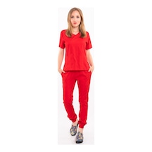 Kırmızı Soft Likralı Jogger Alt Üst Takım Doktor Hemşire Hastane