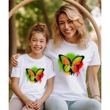 Aselinda Kelebek Baskılı Anne Kız T-shirt Tekli Üründür Kombin Yapmak Için 2 Adet Sepete Ekleyiniz Beyaz