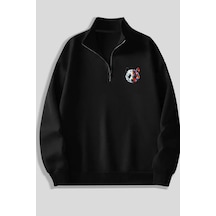 Siyah Fermuarlı Dikyaka Sweatshirt- Renkli Panda - Kışık Şardonlu Kumaş Siyah