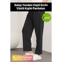 Yeni Sezon Terletmez Rahat Kalıp Beli Lastikli Bol Paça Salaş Yandan Cepli Ecrin Yünlü Pantolon Siyah