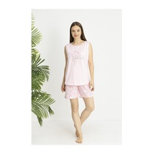 Estiva Kadın Çiçek Alt Desenli Pembe Kolsuz Şortlu Penye Lycra Pijama Takımı Çok renkli