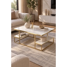 Sulorahome Gold Beyaz Orta Sehpa 90x60 Cm Dikdörtgen Salon Sehpası Altın - Beyaz