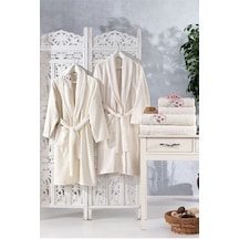 Family Nakışlı Krem & Krem Aile Bornoz Seti 6 Parça Çeyizlik Kadı