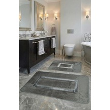 Tr Meram Kaymaz Taban Emici 2'li Ultra Lüks Deri Detaylı Banyo Paspası Seti Gri-gümüş 60x100 Cm Ve 50x60 Cm Genel