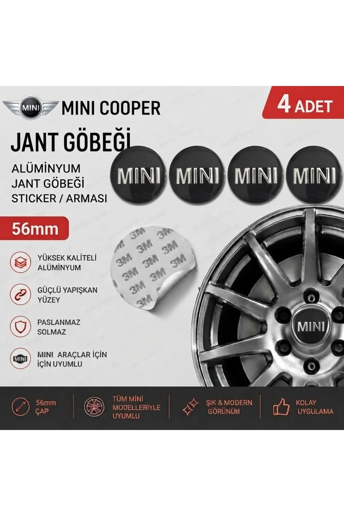 Mını Cooper Logolu Alüminyum Jant Göbeği Arması Sticker 56mm - 4 Adet
