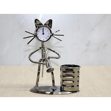 Metal Saksafon Çalan Kedi Müzisyen Saat Ve Kalemlik Alk4346