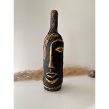 Yüz Heykel dekorlu Siyah, Yaldızlı tasarım dekor şarap şişesi