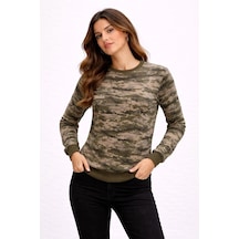 Kadın Kamuflaj Desenli 2 İplik 4 Mevsim Uzun Kollu Bisiklet Yaka Sweatshirt - Kamuflaj