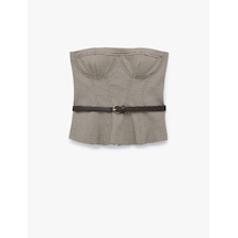 Koton Slim Fit Kemer Detaylı Ekoseli Straplez Korse Bluz Kahverengi Ekose 7wak30005uw Kahverengi Ekoseli