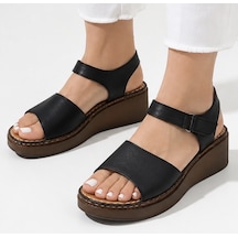 N Napa Shoe Np.1266.siyah Deri Napa Shoe Kadın Hakiki Deri Dolgu Topuk Sandalet Siyah