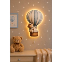 Ahşap Ayıcıklı Kapadokya Balon Pilli Ledli Gece Lambası Bebek Çocuk Odası-yıldız Sticker Hediyeli Mavi