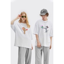 Unisex Kadın Erkek Tom Ve Jerry Baskılı Sevgili Çift Kombini Tasarım Oversize T-shirt 2'li Set Beyaz Mck1953 Beyaz