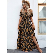 Kadın Kısa Kollu Madonna Yaka Yırtmaçlı Çiçek Desenli Süprem Elbise Siyah