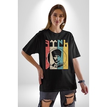 Atatürk İmzalı Türk Logo Pamuklu Bisiklet Yaka Unisex Oversize Boyfriend Dijital Baskılı Siyah T-shirt Siyah