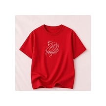 Herkesemoda Kuğu Baskılı Kadın Bisiklet Yaka Pamuklu T-shirt Kırmızı