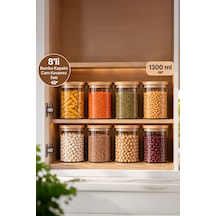 Porsima 2-4 Bambu Borosilikat Vakumlu Kapaklı Yuvarlak Cam 8li Kavanoz Seti Saklama Kabı 1300ml 10x20cm