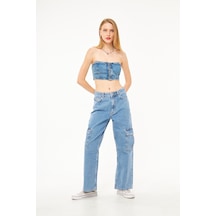 Bol Kesim Kadın Denim Kargo Pantolon 001