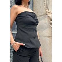 Dogutrend Siyah Straplez Düğmeli Crop Ve Pantolon Takım