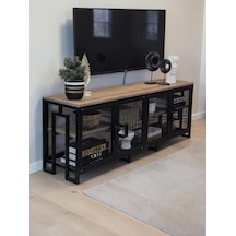 Dekoratif Metal Gövdeli Ahşap Raflı Tv Ünitesi 3 Raflı 4 Kapaklı Tv Sehpası 150 X 36 Cm Televizyon Ünitesi Siyah