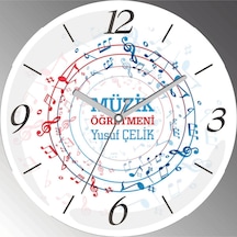 Kişiye Özel Notalar Müzik Öğretmeni Çap 30cm Sessiz Akar Bombeli Gerçek Cam Duvar Saati Siyah