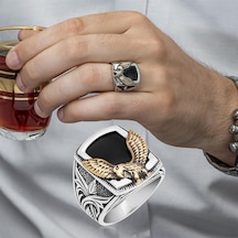 Alyans Evim Kartal Motifli Kare Siyah Oniks Taşlı 925 Gümüş Erkek Yüzük