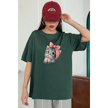 Flood Of Style Unisex Sevimli Kedi Tasarım T-shirt Yeşil