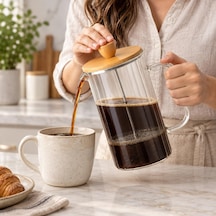 Bambu Kapaklı French Press, 1000 Ml Borosilikat Cam Filtre Kahve Ve Bitki Çayı Demliği, Cam Kulplu, Manuel Pres Filt Diğer