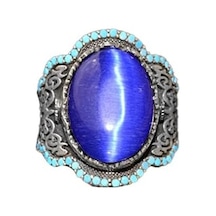 El Yapımı Mavi Kedi Gözü Yüzük Turkuaz Yapay Taş İle - 925 Ayar Gümüş Erkek Takısı Gümüş