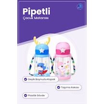 Geyik Boynuzlu Matara Çocuk Suluk Pipetli Asklı Kapaklı Plastik Ş Çok Renkli