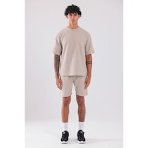 Rowinger Waffle Dokulu Oversize T-shirt Ve Şort Erkek Takım Beıge