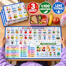 3'lü Eğitici Baskılı Beslenme Örtüsü Seti 30 X 50 Cm, Okul Ve Anaokulu İçin, Yıkanabilir Ve Leke Tutmaz Cok Renkli