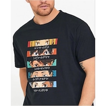 Startmore Erkek Siyah Anime Baskılı Oversize Bisiklet Yaka Tişört Siyah