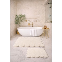 Buççin Online Mağaza Dekoratif Kaymaz Taban Papatya Kesimli Banyo Paspası, Klozet Takımı, 60x100-50x60 Cm Polyester Ekru Çok Renkli