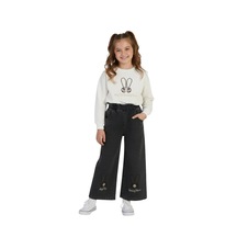 Erdem Kıds Kız Çocuk Bayramlık Günlük - Casual Geniş-bol Paça Palazzo Kot Pantolon-sweatshirt İkili Takım Beyaz - Siyah