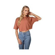 Kiremit Bisiklet Yaka Rahat Kalıp Yarasa Kol Pike Kadın Crop T-shirt KIREMIT