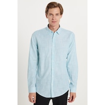 Tudors Erkek Slim Fit Dar Kesim Düğmeli Spor Yaka Keten Efekt %100 Pamuk Çizgili Yazlık Yeşil Gömlek-35291 Yeşil