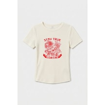 TOMMYLIFE Ekru Standart Fit Baskılı Kısa Kollu Kadın T-shirt - 97201