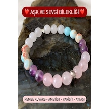 Doğal Taş Aşk ve Sevgi Bilekliği ( Pembe Kuvars - Ametist - Varisit - Aytaşı ) Çok Renkli