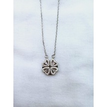 Mıknatıslı Açılır Kapanır Yonca Kalpli Zirkon Taşlı Gümüş Kolye Çok Renkli