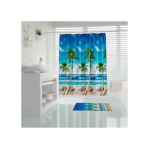 Tropik Home Banyo Perdesi Palmiye Desen Banyo Perdesi Yerli Üretim 180x200 Cm Duş Perdesi C-halka  Diğer