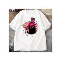 Şişelenmiş Kötü Siyah Kedi Tshirt Trendy Pamuk Yazlık T-shirt Gevşek Kısa Kollu Kedi Tasarım 2855 Beyaz