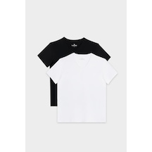 Unisex 2'li Paket Siyah-beyaz Slim Fit Dar Kesim %100 Pamuk V Yaka Tişört-33125 Siyah - Beyaz