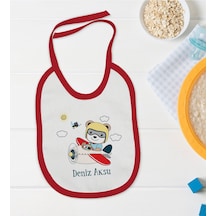 BK Kids Kişiye Özel Sevimli Pilot Tasarımlı Kırmızı Bebek Mama Önlüğü Kırmızı