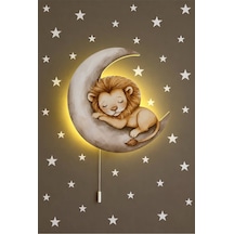 Ahşap Ay Üzeri Aslan Pilli Ledli Gece Lambası Bebek Çocuk Odası-yıldız Sticker Hediyeli Çok Renkli