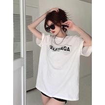 Welenaga T-shirt - Beyaz Baskılı Oversize Bisiklet Yaka Kısa Kol Beyaz