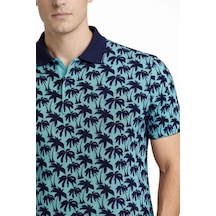 Modi Erkek Pike Kumaş Polo Yaka Palmiye Desenli Tişört Kısa Kol Yazlık T-shirt - Turkuaz Çok Renkli