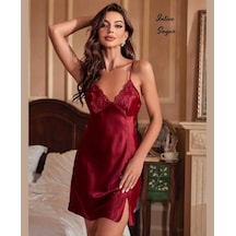 Intive Sugar Bordo Göğsü Dantelli Yırtmaç Detaylı Feminen Gecelik