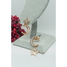 Rose Altın Kaplama Vip Seri Ay Yıldız Küpe 2,4 cm